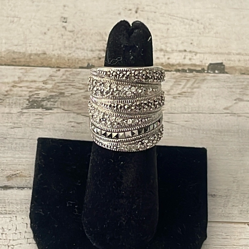 Sterling Silver Marcasite Crystal Multi Band Statement Ring - Picture 2 of 9